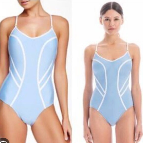 ❤️ Robin Piccone Brit Scuba contrasted trims one piece in blue Size 12 L42 - Picture 1 of 9